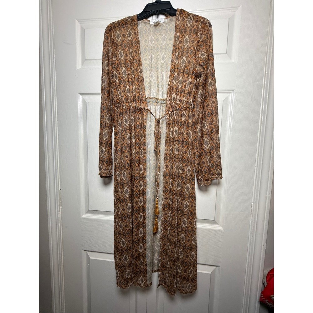 L.I.F.E. Love is for Eternity Mesh Duster Cardigan Boho Floral‎ Tassel Brown Med